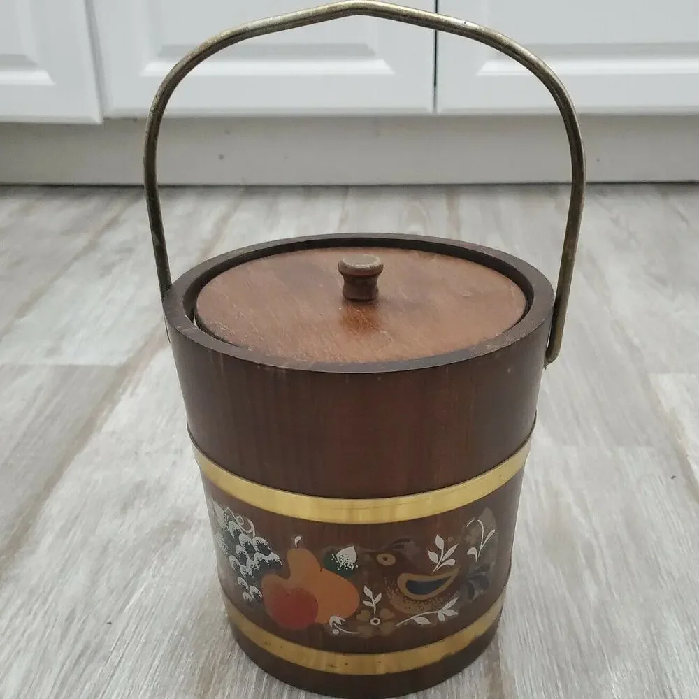 Vintage Ice Bucket Wood Brass Barrel Shape Barware Rustic Decor